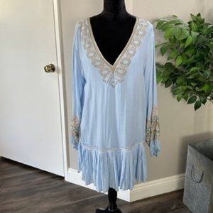 Free People Wild One Embroidered Peasant Mini Dress in Blue Skies - Size M